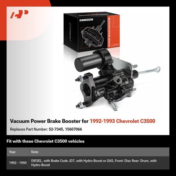 Vacuum Power Brake Booster for 1992-1993 Chevrolet C3500