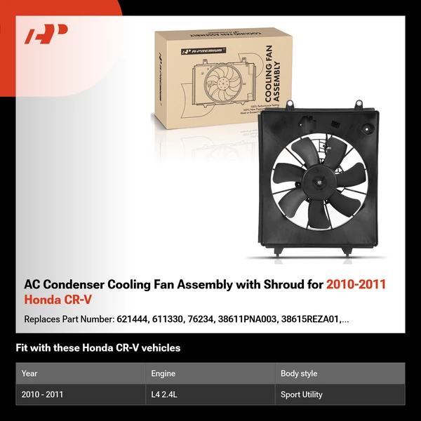 AC Condenser Cooling Fan Assembly with Shroud for 2010-2011 Honda CR-V