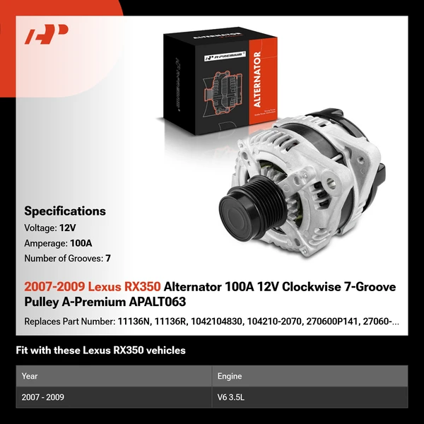 2007-2009 Lexus RX350 Alternator 100A 12V Clockwise 7-Groove Pulley A-Premium APALT063
