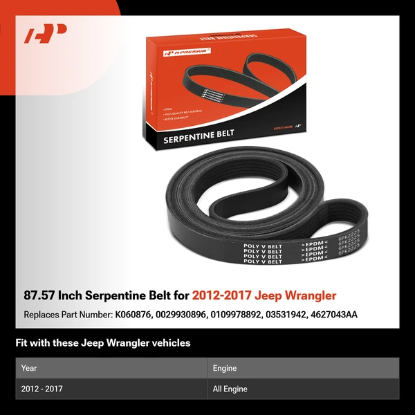 87.57 Inch Serpentine Belt for 2012-2017 Jeep Wrangler