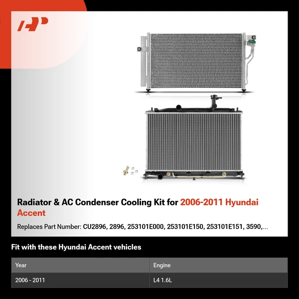 Radiator & AC Condenser Cooling Kit for 2006-2011 Hyundai Accent
