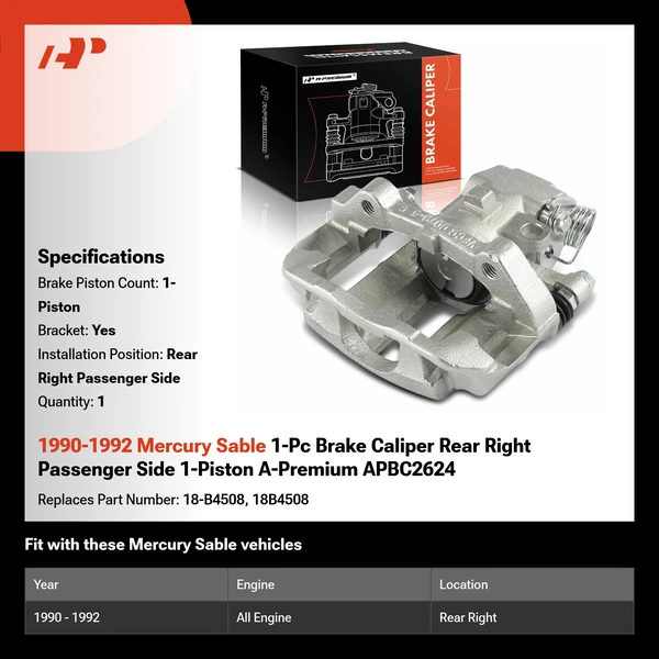 1990-1992 Mercury Sable 1-Pc Brake Caliper Rear Right Passenger Side 1-Piston A-Premium APBC2624