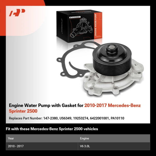Engine Water Pump with Gasket for 2010-2017 Mercedes-Benz Sprinter 2500