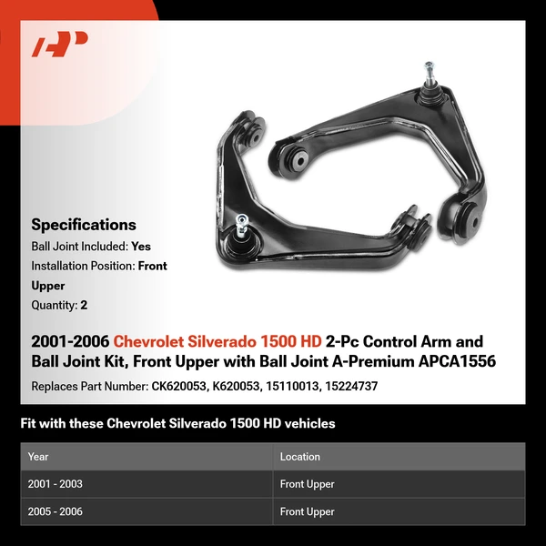 2001-2006 Chevrolet Silverado 1500 HD 2-Pc Control Arm and Ball Joint Kit, Front Upper with Ball Joint A-Premium APCA1556