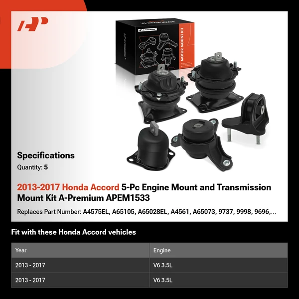 2013-2017 Honda Accord 5-Pc Engine Mount and Transmission Mount Kit A-Premium APEM1533