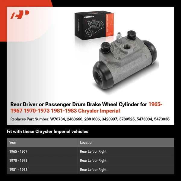 Rear Driver or Passenger Drum Brake Wheel Cylinder for 1965-1967 1970-1973 1981-1983 Chrysler Imperial
