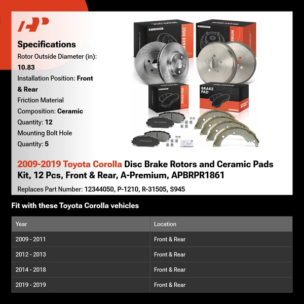 2009-2019 Toyota Corolla Disc Brake Rotors and Ceramic Pads Kit, 12 Pcs, Front & Rear, A-Premium, APBRPR1861
