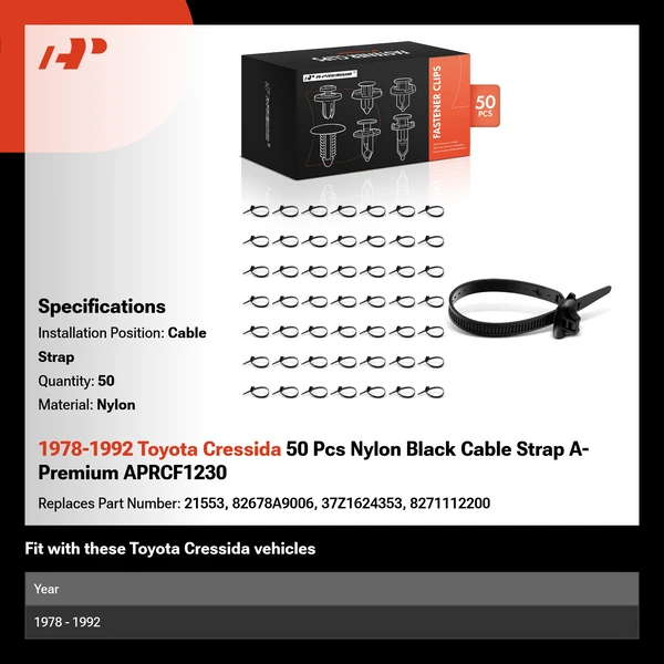 1978-1992 Toyota Cressida 50 Pcs Nylon Black Cable Strap A-Premium APRCF1230