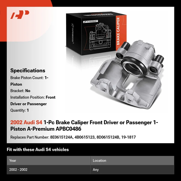 2002 Audi S4 1-Pc Brake Caliper Front Driver or Passenger 1-Piston A-Premium APBC0486