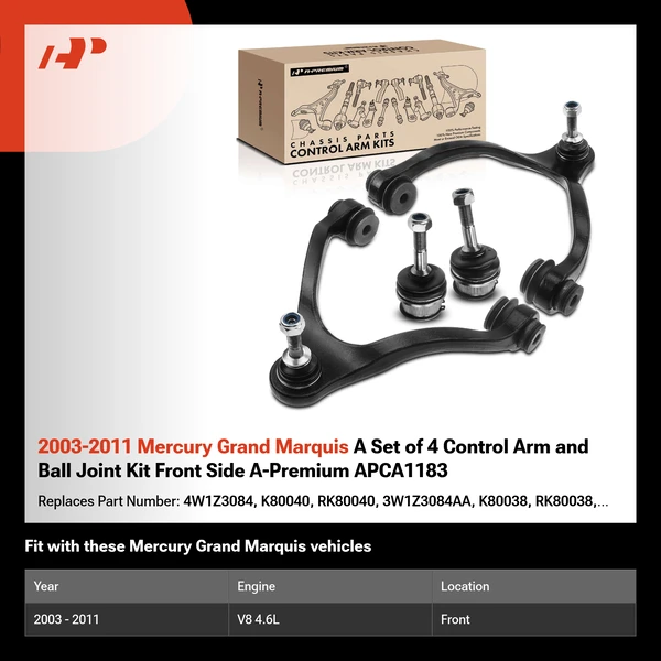 2003-2011 Mercury Grand Marquis A Set of 4 Control Arm and Ball Joint Kit Front Side A-Premium APCA1183