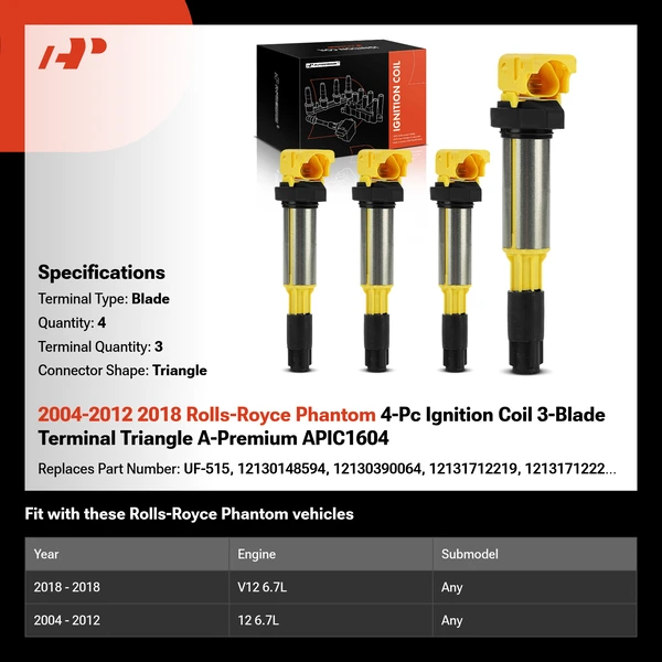2004-2012 2018 Rolls-Royce Phantom 4-Pc Ignition Coil 3-Blade Terminal Triangle A-Premium APIC1604