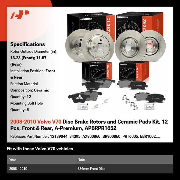 2008-2010 Volvo V70 Disc Brake Rotors and Ceramic Pads Kit, 12 Pcs, Front & Rear, A-Premium, APBRPR1652