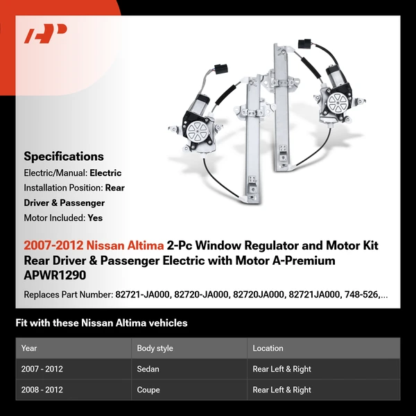 2007-2012 Nissan Altima 2-Pc Window Regulator and Motor Kit Rear Driver & Passenger Electric with Motor A-Premium APWR1290