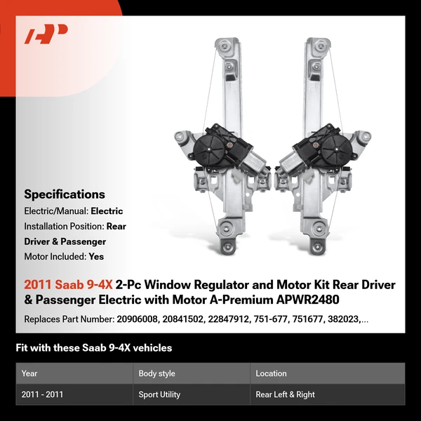 2011 Saab 9-4X 2-Pc Window Regulator and Motor Kit Rear Driver & Passenger Electric with Motor A-Premium APWR2480