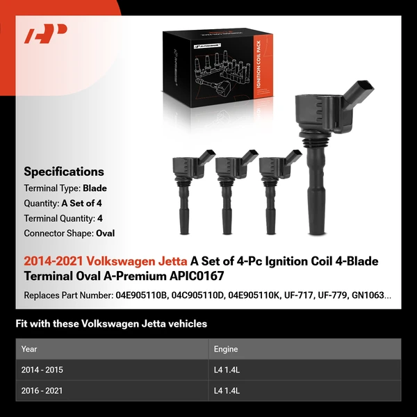2014-2021 Volkswagen Jetta A Set of 4-Pc Ignition Coil 4-Blade Terminal Oval A-Premium APIC0167