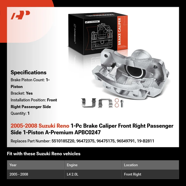 2005-2008 Suzuki Reno 1-Pc Brake Caliper Front Right Passenger Side 1-Piston A-Premium APBC0247
