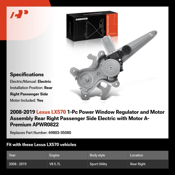 2008-2019 Lexus LX570 1-Pc Power Window Regulator and Motor Assembly Rear Right Passenger Side Electric with Motor A-Premium APWR0822