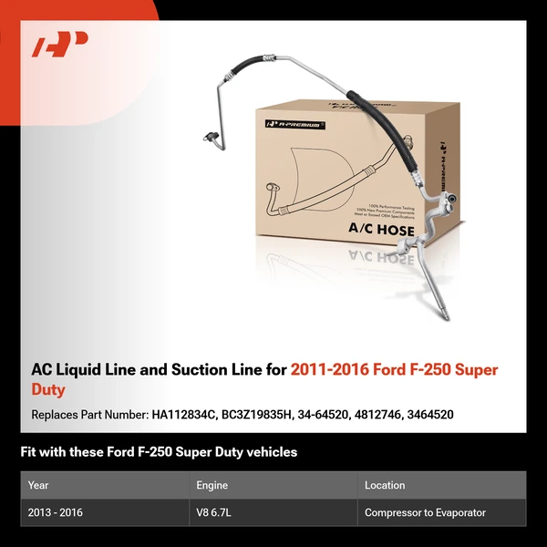 AC Liquid Line and Suction Line for 2011-2016 Ford F-250 Super Duty