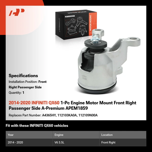 2014-2020 INFINITI QX60 1-Pc Engine Motor Mount Front Right Passenger Side A-Premium APEM1859