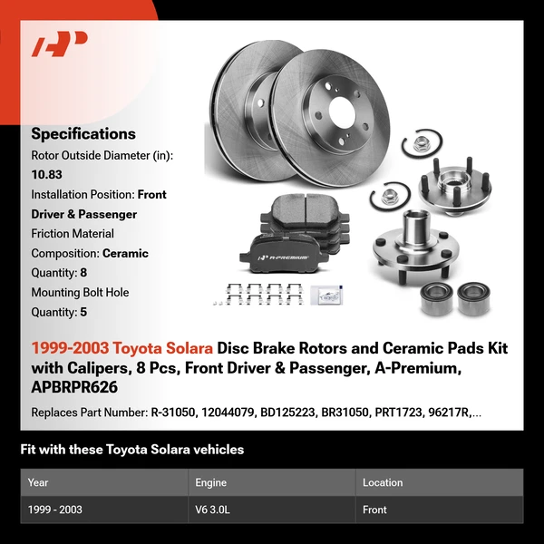 1999-2003 Toyota Solara Disc Brake Rotors and Ceramic Pads Kit with Calipers, 8 Pcs, Front Driver & Passenger, A-Premium, APBRPR626