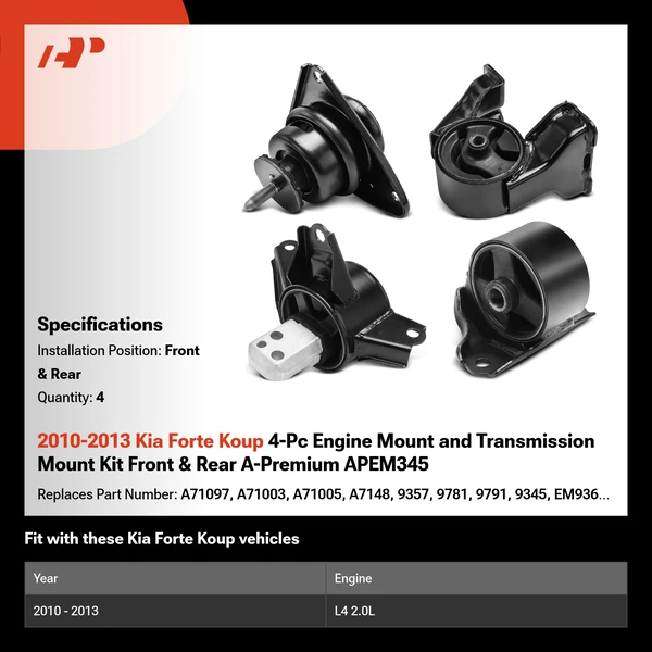 2010-2013 Kia Forte Koup 4-Pc Engine Mount and Transmission Mount Kit Front & Rear A-Premium APEM345