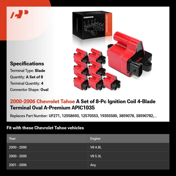 2000-2006 Chevrolet Tahoe A Set of 8-Pc Ignition Coil 4-Blade Terminal Oval A-Premium APIC1035