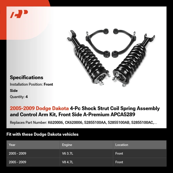 2005-2009 Dodge Dakota 4-Pc Shock Strut Coil Spring Assembly and Control Arm Kit, Front Side A-Premium APCA5289