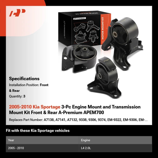 2005-2010 Kia Sportage 3-Pc Engine Mount and Transmission Mount Kit Front & Rear A-Premium APEM700