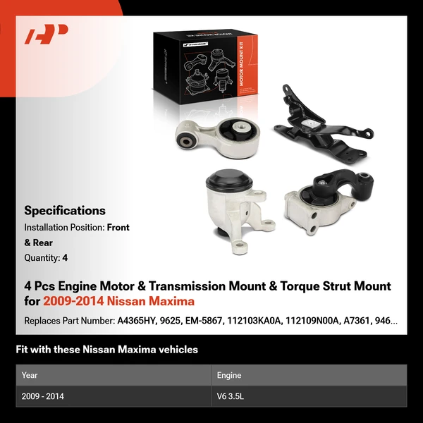 4 Pcs Engine Motor & Transmission Mount & Torque Strut Mount for 2009-2014 Nissan Maxima