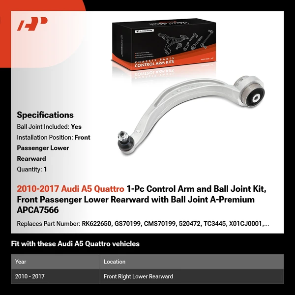 2010-2017 Audi A5 Quattro 1-Pc Control Arm and Ball Joint Kit, Front Passenger Lower Rearward with Ball Joint A-Premium APCA7566