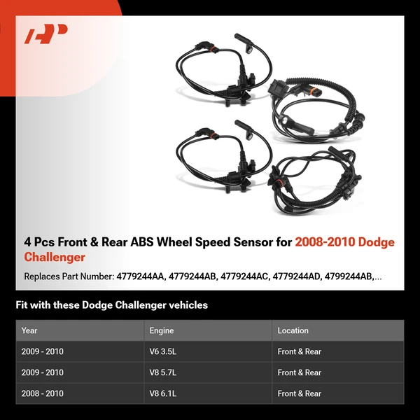 4 Pcs Front & Rear ABS Wheel Speed Sensor for 2008-2010 Dodge Challenger
