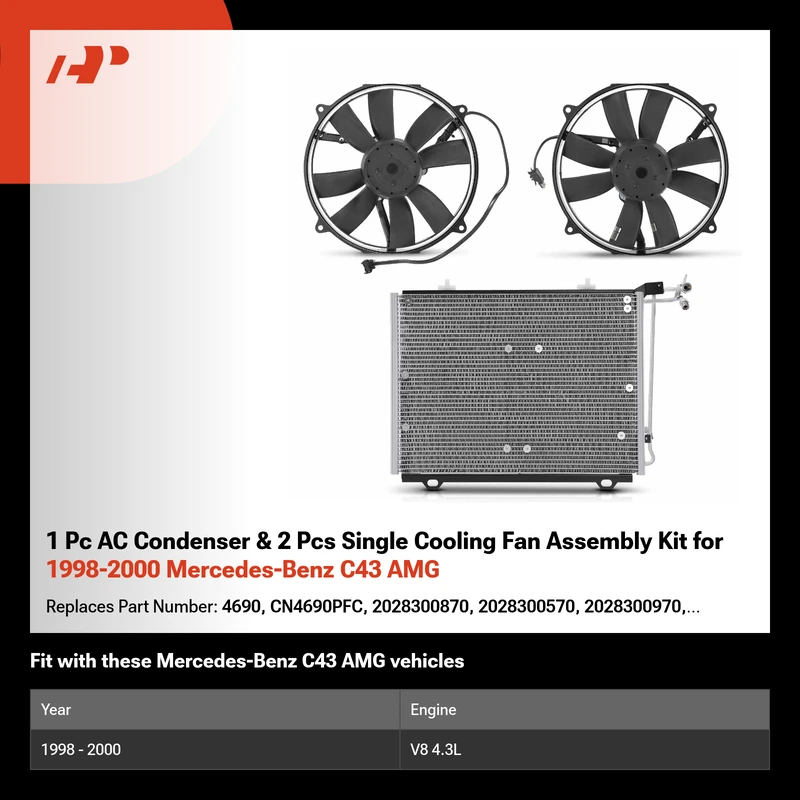 1 Pc AC Condenser & 2 Pcs Single Cooling Fan Assembly Kit for 1998-2000 Mercedes-Benz C43 AMG