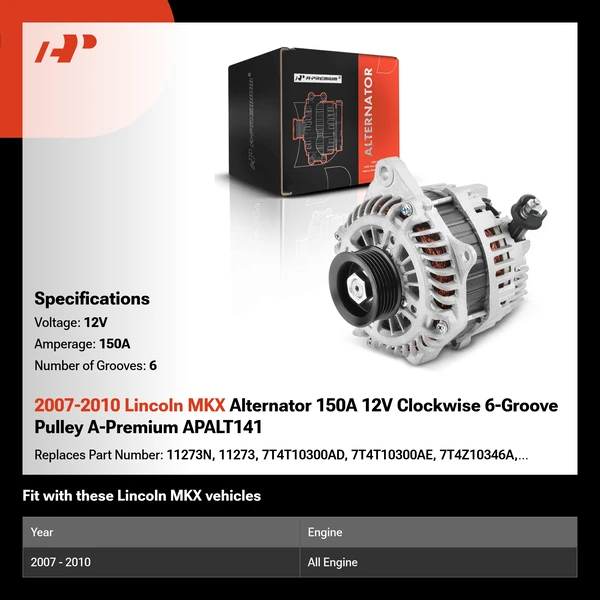 2007-2010 Lincoln MKX Alternator 150A 12V Clockwise 6-Groove Pulley A-Premium APALT141
