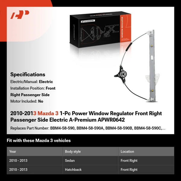 2010-2013 Mazda 3 1-Pc Power Window Regulator Front Right Passenger Side Electric A-Premium APWR0642