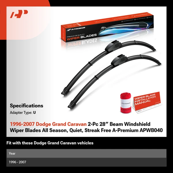 1996-2007 Dodge Grand Caravan 2-Pc 28″ Beam Windshield Wiper Blades All Season, Quiet, Streak Free A-Premium APWB040