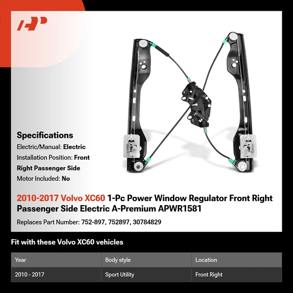 2010-2017 Volvo XC60 1-Pc Power Window Regulator Front Right Passenger Side Electric A-Premium APWR1581