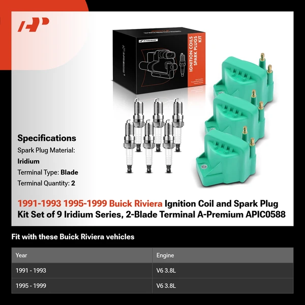 1991-1993 1995-1999 Buick Riviera Ignition Coil and Spark Plug Kit Set of 9 Iridium Series, 2-Blade Terminal A-Premium APIC0588