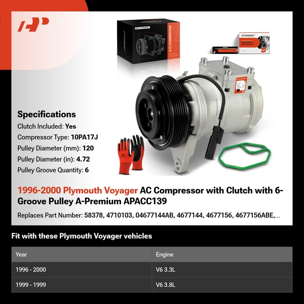 1996-2000 Plymouth Voyager AC Compressor with Clutch with 6-Groove Pulley A-Premium APACC139