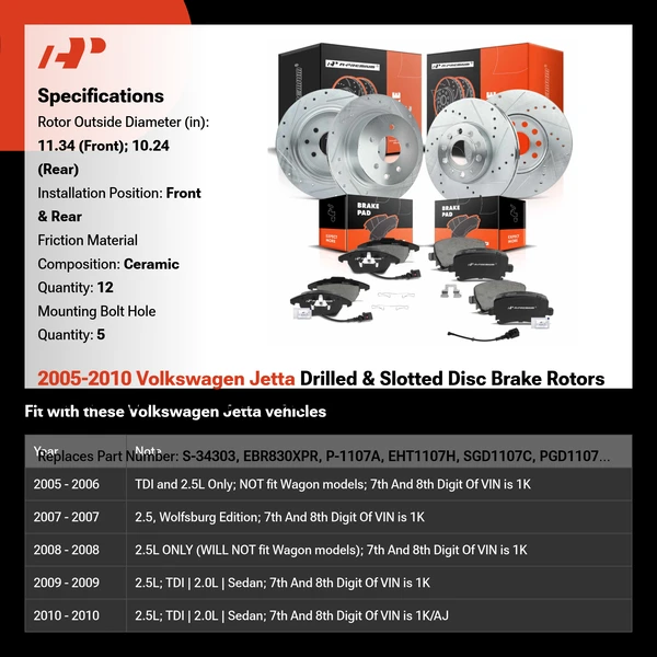2005-2010 Volkswagen Jetta Drilled & Slotted Disc Brake Rotors and Ceramic Pads Kit, 12 Pcs, Front & Rear, A-Premium, APBRPS244