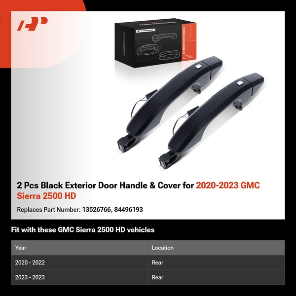 2 Pcs Black Exterior Door Handle & Cover for 2020-2023 GMC Sierra 2500 HD