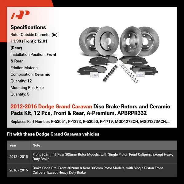 2012-2016 Dodge Grand Caravan Disc Brake Rotors and Ceramic Pads Kit, 12 Pcs, Front & Rear, A-Premium, APBRPR332