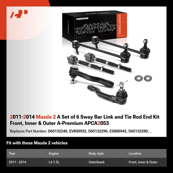 2011-2014 Mazda 2 A Set of 6 Sway Bar Link and Tie Rod End Kit Front, Inner & Outer A-Premium APCA2053