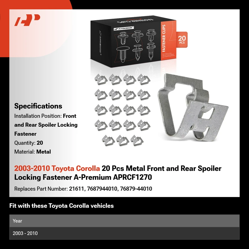 2003-2010 Toyota Corolla 20 Pcs Metal Front and Rear Spoiler Locking Fastener A-Premium APRCF1270