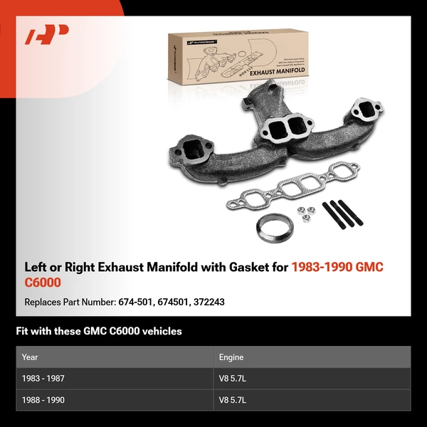 Left or Right Exhaust Manifold with Gasket for 1983-1990 GMC C6000