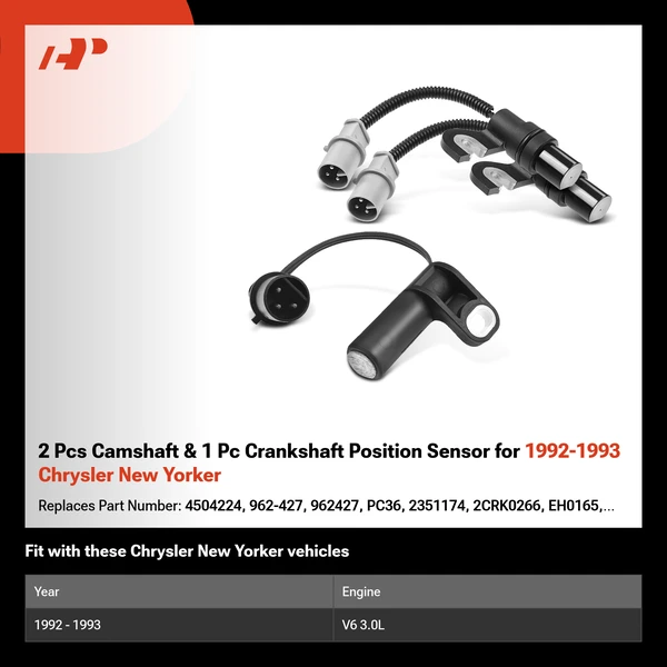 2 Pcs Camshaft & 1 Pc Crankshaft Position Sensor for 1992-1993 Chrysler New Yorker