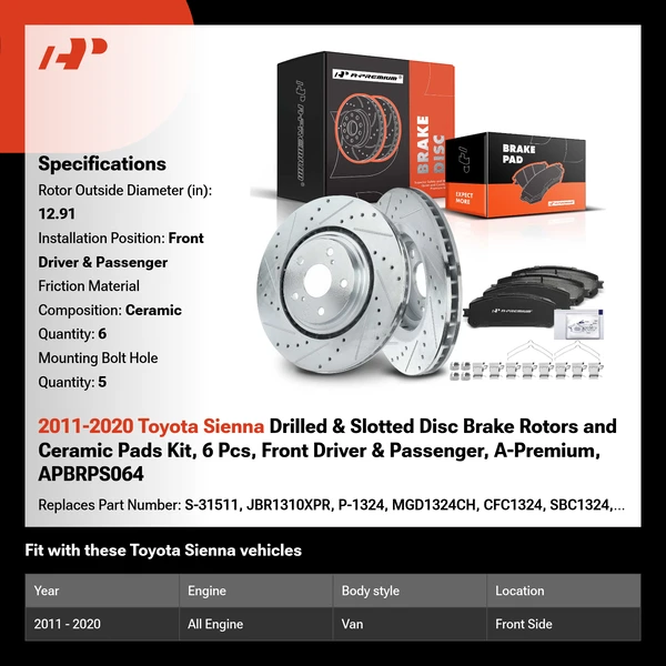 2011-2020 Toyota Sienna Drilled & Slotted Disc Brake Rotors and Ceramic Pads Kit, 6 Pcs, Front Driver & Passenger, A-Premium, APBRPS064