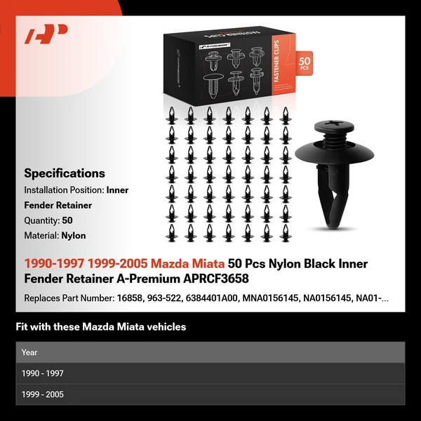 1990-1997 1999-2005 Mazda Miata 50 Pcs Nylon Black Inner Fender Retainer A-Premium APRCF3658