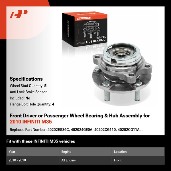 Front Driver or Passenger Wheel Bearing & Hub Assembly for 2010 INFINITI M35