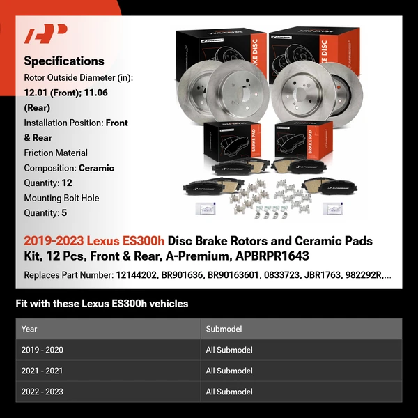 2019-2023 Lexus ES300h Disc Brake Rotors and Ceramic Pads Kit, 12 Pcs, Front & Rear, A-Premium, APBRPR1643