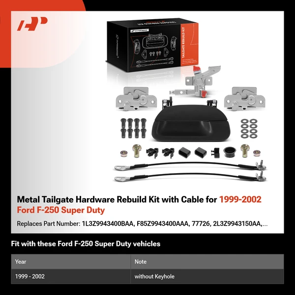Metal Tailgate Hardware Rebuild Kit with Cable for 1999-2002 Ford F-250 Super Duty